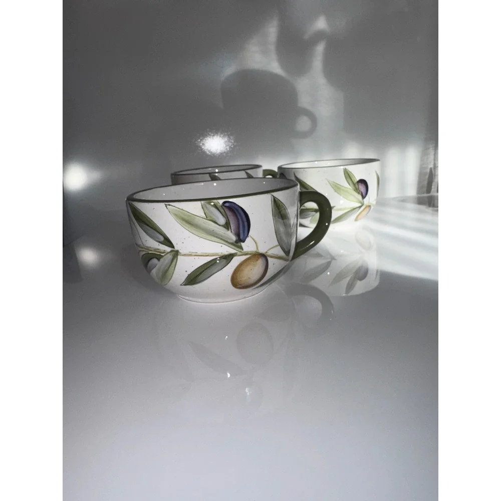 Pier 1 Sorrento Olive Branch Soup Mugs Set of 3 Earthenware Green Purple Cream